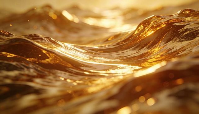 Golden sunset waves reflecting liquid light, shimmering glossy ocean surface