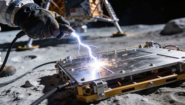 Astronaut welding and repairing lunar equipment with plasma torch, sparks on moon surface