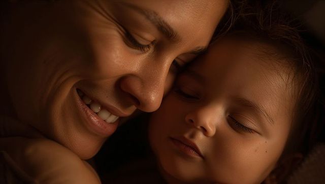 Mother and child sharing tender nighttime cuddle closeup warm bedtime bonding