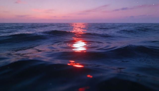 Shimmering ocean reflecting sunset glow with concentric ripples and dramatic twilight horizon