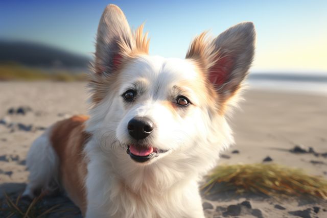 Image captures a Corgi dog sitting on a sandy beach with the ocean in the background. The dog is smiling and appears happy, making this stock photo ideal for use in pet-themed advertisements, vacation promotions, or summer travel brochures. Perfect for illustrating concepts of happiness, outdoor activities, and pet care.