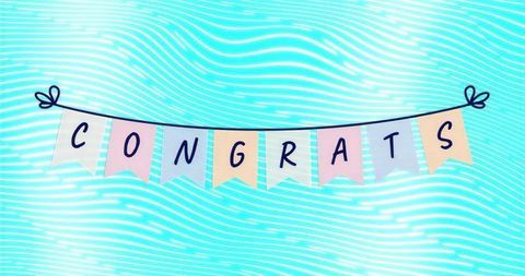 Colorful congrats pennant banner on aquamarine wavy background for party and graduation