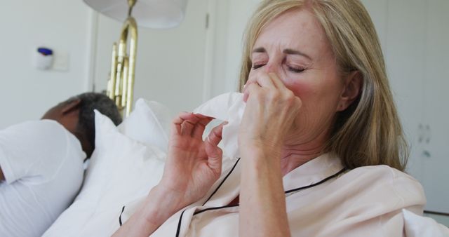 Woman Suffering from Allergies in Bed with Partner Sleeping - Download Free Stock Images Pikwizard.com