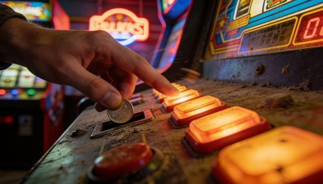 Hand pressing coin and activating glowing orange button on dusty vintage arcade cabinet moody