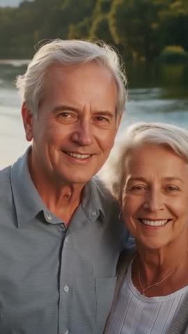 Smiling senior couple posing at lake during golden hour, man embracing spouse on waterfront