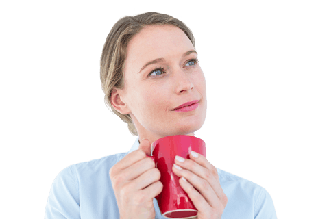 Transparent Woman Holding Mug and Contemplating