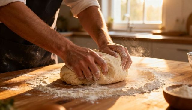Kneading Rustic Bread Dough on Sunlit Wooden Countertop with Flour Dust, Baker Hands