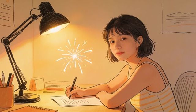Student writing at desk under warm lamp light, cozy evening study moment