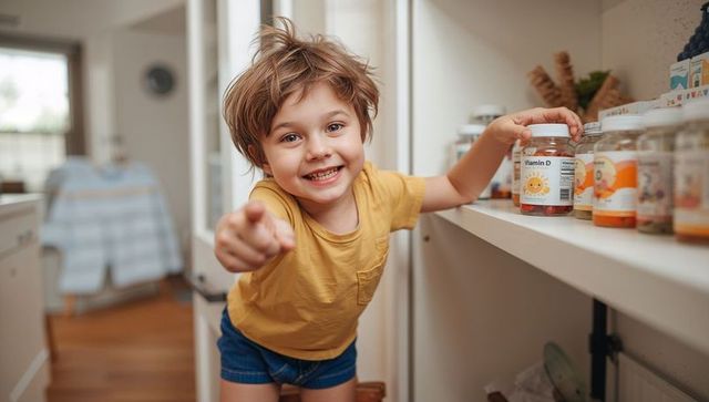 Joyful child pointing while reaching for vitamin jar in bright pantry, healthy family moment