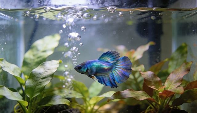 Iridescent blue betta fish swimming in planted glass aquarium with air bubbles and foliage