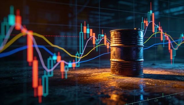 Rusty Oil Barrel with Candlestick Charts Overlay Representing Market Volatility