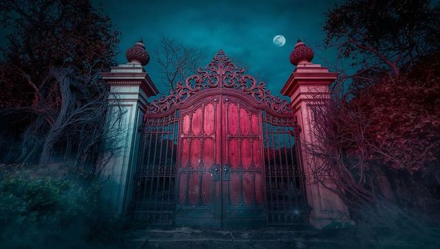 Mysterious gothic gate illuminated under moonlit sky