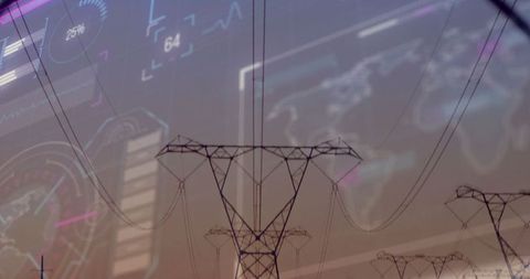 Transmission towers with futuristic hud overlay at sunset