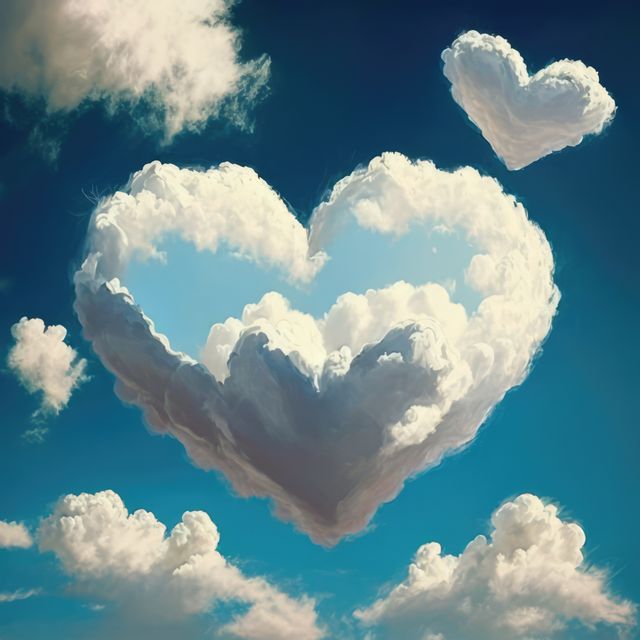 Heart shaped clouds in blue sky, created using generative ai technology. Heart, cloud, nature and love concept digitally generated image.