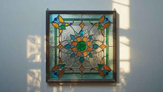 Intricate stained glass panel illuminated by sunlight