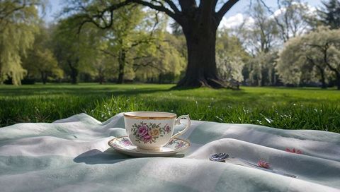 Vintage floral gold-rim teacup and saucer on striped picnic blanket in sunny park morning