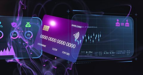 Futuristic digital finance interface with credit card concept
