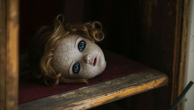 Resting cracked porcelain doll head with blue glass eyes on worn wooden shelf