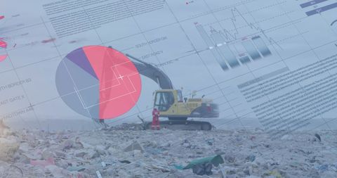 Financial Data Overlay on Excavator at Landfill Site