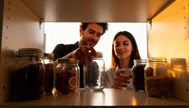 Young couple organizing pantry with glass storage jars backlit by warm morning light