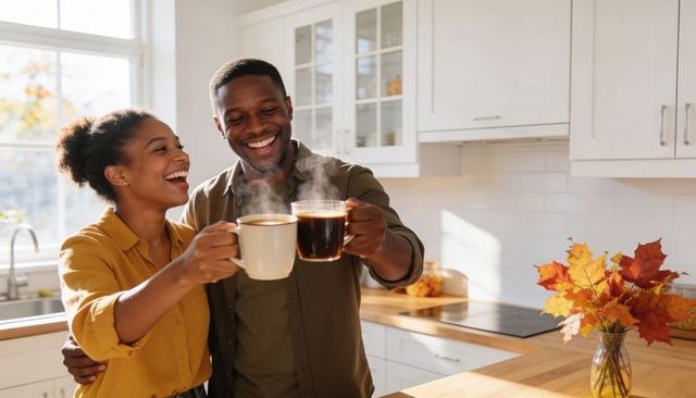 Smiling couple clinking steaming mugs in bright kitchen with autumn decor cozy morning