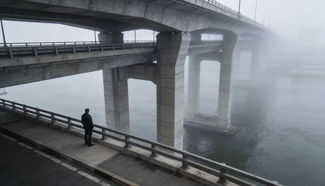Solitary man standing under foggy concrete overpass overlooking river with towering pillars