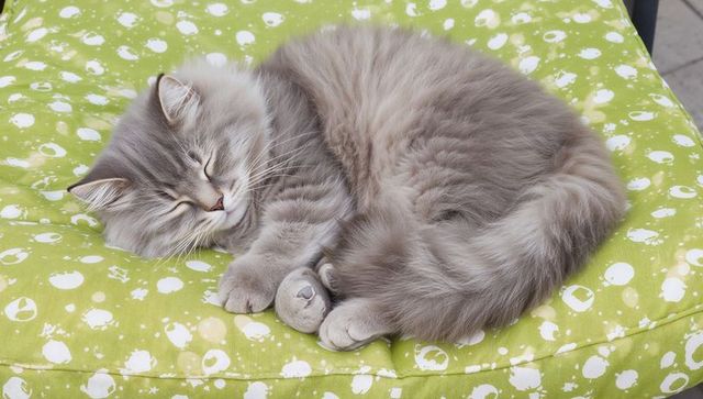 Long-haired grey cat sleeping curled on green patterned patio cushion holding plush toy
