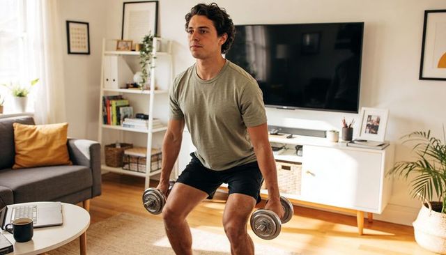 Young man performing dumbbell squat in bright living room home workout