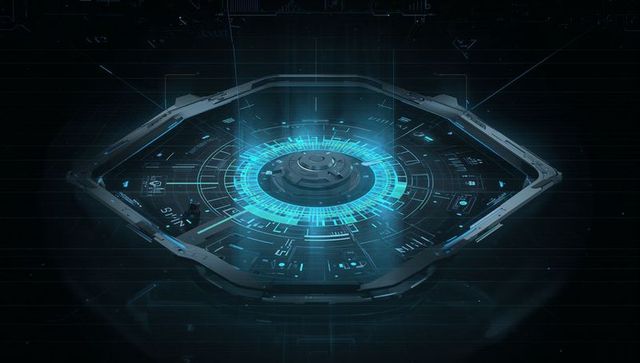 Hexagonal Holographic Platform Projecting Cyan Rings Over Central Core in Futuristic Bay