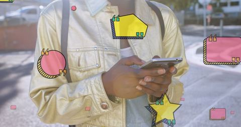 Smartphone Interaction with Quotation Icons Overlay in Urban Scene - Download Free Stock Images Pikwizard.com