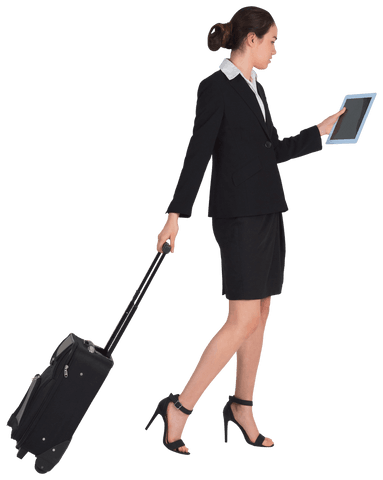 Businesswoman in formal attire with tablet and suitcase transparent background