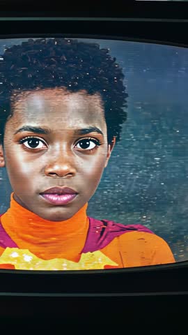 Vertical handheld zooming on preteen portrait on curved CRT TV, focusing face and screen static