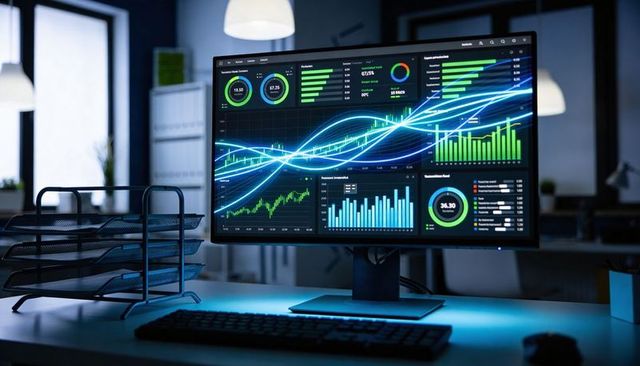 Neon blue analytics dashboard on widescreen monitor at modern desk showing financial charts