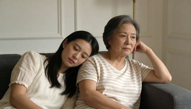 Daughter leaning on thoughtful mother on sofa, intergenerational comfort and support