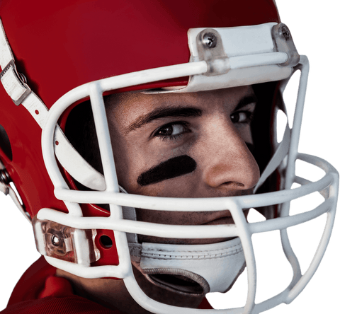 Transparent close up of rugby player in red helmet