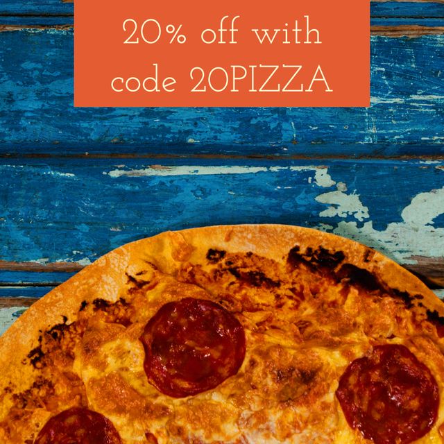 Rustic pizza with pepperoni in bottom part over rustic blue wooden surface offered with a 20% discount promotional code. Use for marketing campaigns, online deals, restaurant promotions, social media posts, or food delivery service ads highlighting pizza deals and special offers.