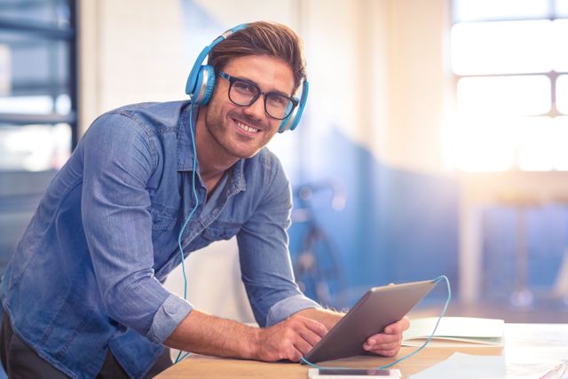 Portrait of business executive listening to music on digital tablet in office