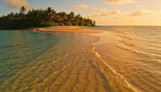 Golden sunset over curving sandbar and palm islet, shallow lagoon glowing with light