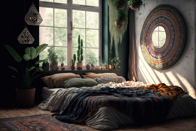 Bedroom with bed, plants and large window, created using generative ai technology. Eclectic style house interior decor concept digitally generated image.