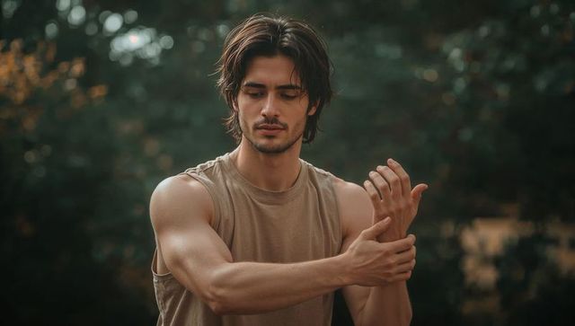 Young man adjusting wrist in forest clearing, sleeveless tan shirt, moody athletic lifestyle