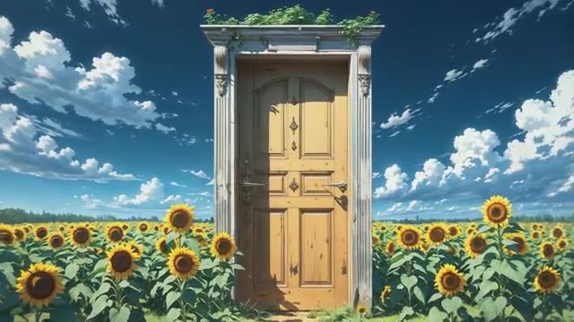 Wooden Door in Sunflower Field with Breezy Sky