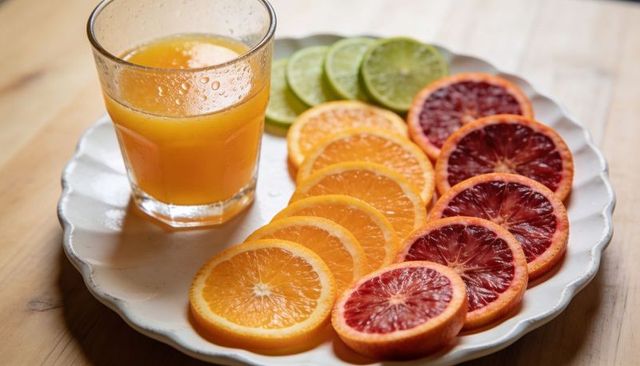 Refreshing citrus platter featuring oranges, blood oranges, limes and chilled orange juice