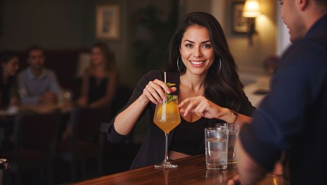 Smiling hispanic woman holding stemmed cocktail at bar, socializing with bartender