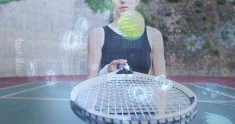Tennis athlete embracing futuristic sports technology on court