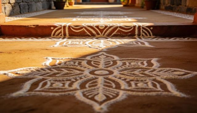 Sunlit white rangoli kolam on earthen entrance with stone wall and potted plants