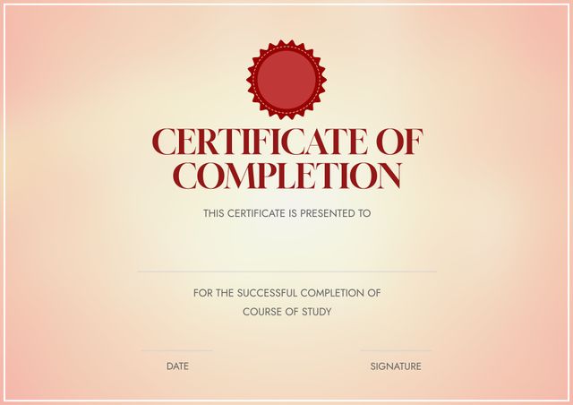 This elegant pink Certificate of Completion template features a prominent seal and a clean, formal design. Ideal for recognizing academic achievements, training modules, or professional courses. Suitable for educators, HR professionals, and training organizations looking for stylish and customizable certificated to reward successful completions.