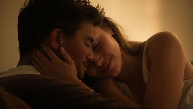 Cuddling couple resting in warm bedroom glow, intimate romantic moment and cozy comfort