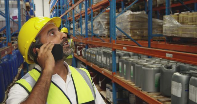 Warehouse Worker Supervising Inventory with Helmet and Phone Conversation - Download Free Stock Images Pikwizard.com