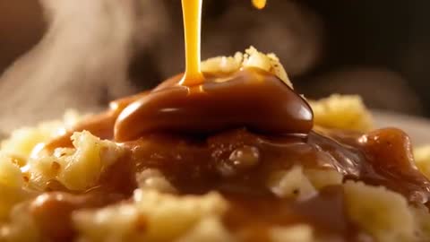 Brown Gravy Flowing Over Steaming Mashed Potatoes