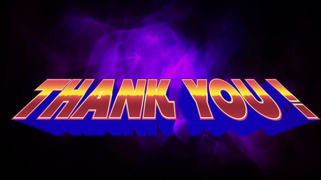 Colorful and bold retro 'Thank You' text with a dynamic purple smoke background on a black backdrop, ideal for expressing gratitude in digital media. Perfect for use in video games, online communication, digital cards, and entertainment content aimed at conveying appreciation in a visually striking manner.